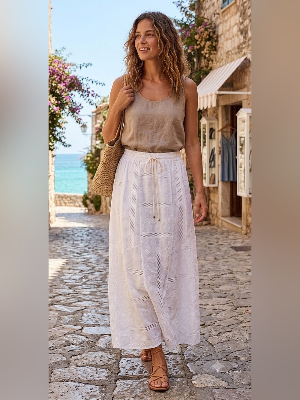 Dimora / White Eyelet Cotton Maxi Skirt - Sz. L - Made in Italy -NWT